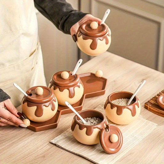 Ceramic spice jars with spoons - beige and brown kitchen decor, mini spice jars