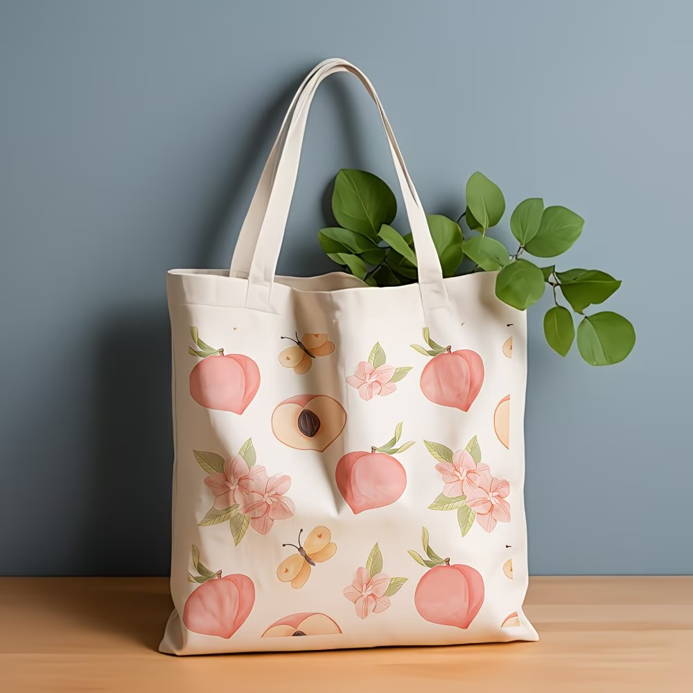 1 piece, peach blossom fruit canvas handbag, reusable grocery bag