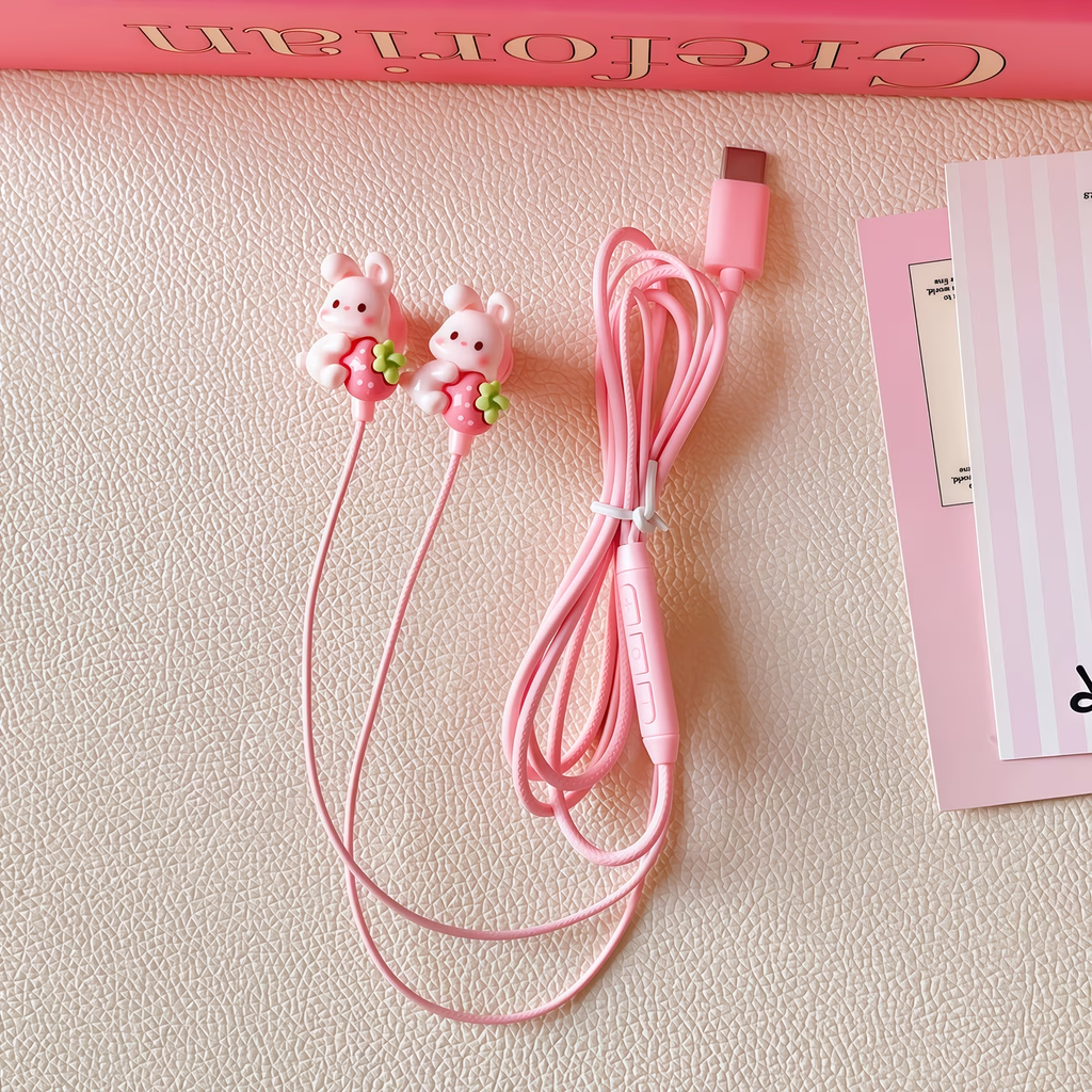 Type-C cartoon wired earphones with cute accessories, semi in ear pink earphones with built-in microphone and volume control