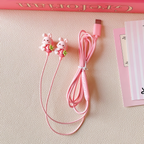 Type-C cartoon wired earphones with cute accessories, semi in ear pink earphones with built-in microphone and volume control