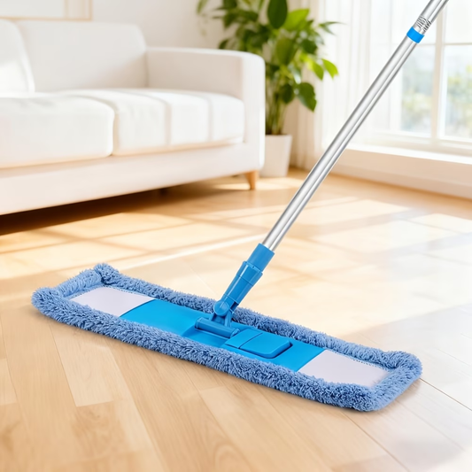 360° mop, adjustable length, comes with 2 microfiber cloths and 2 chenille cloths.