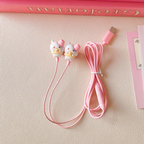 Type-C cartoon wired earphones with cute accessories, semi in ear pink earphones with built-in microphone and volume control