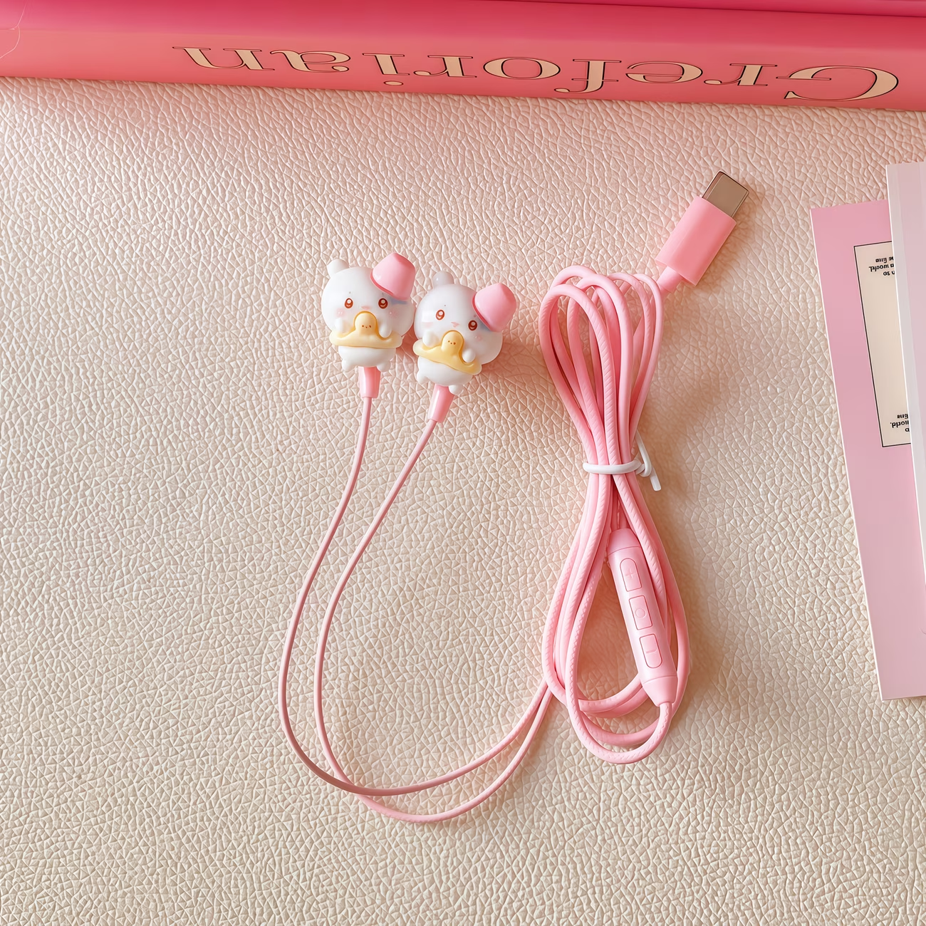 Type-C cartoon wired earphones with cute accessories, semi in ear pink earphones with built-in microphone and volume control