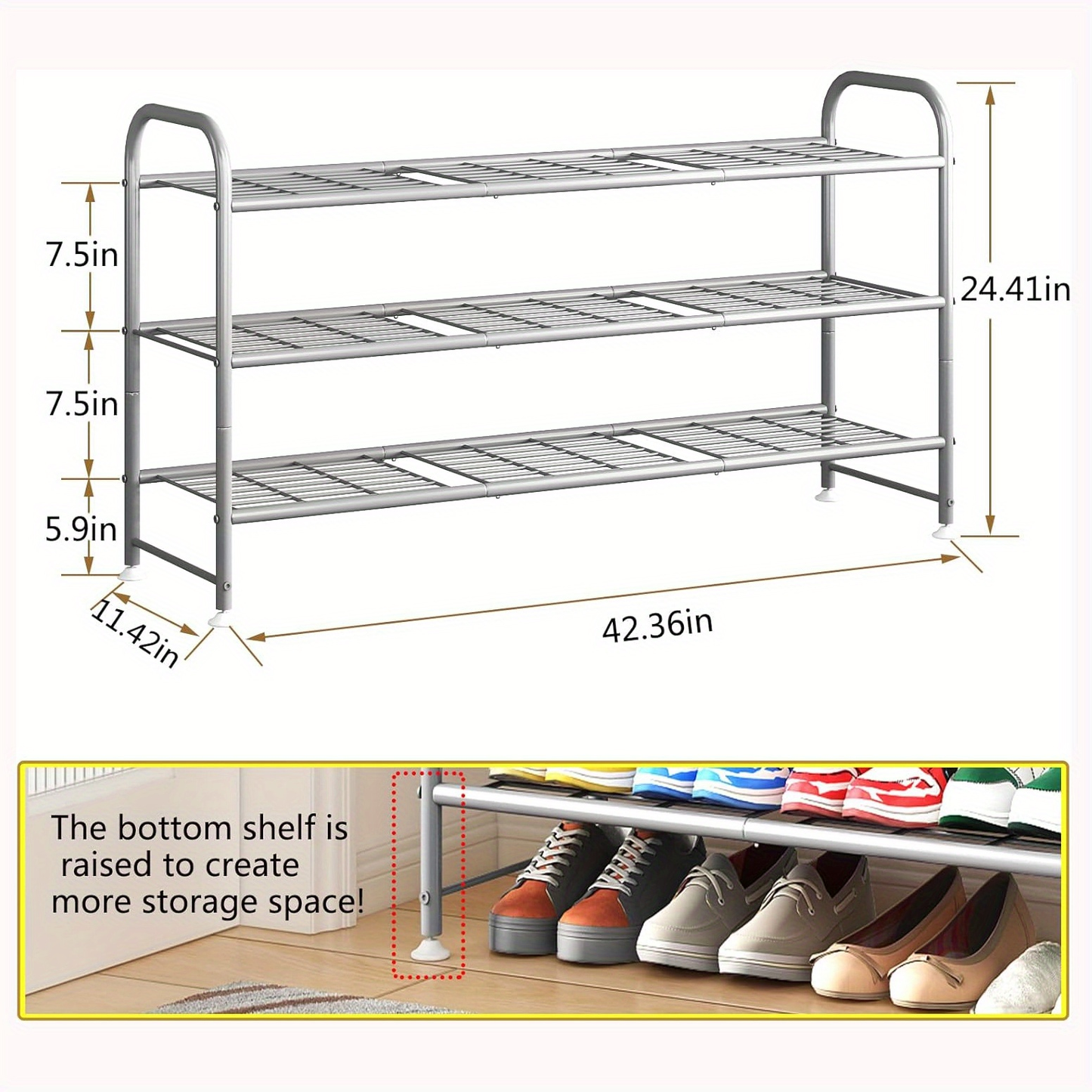 Shoe Rack with 3 Layers of Storage Suitable for Wardrobe Entrance Metallic Gray