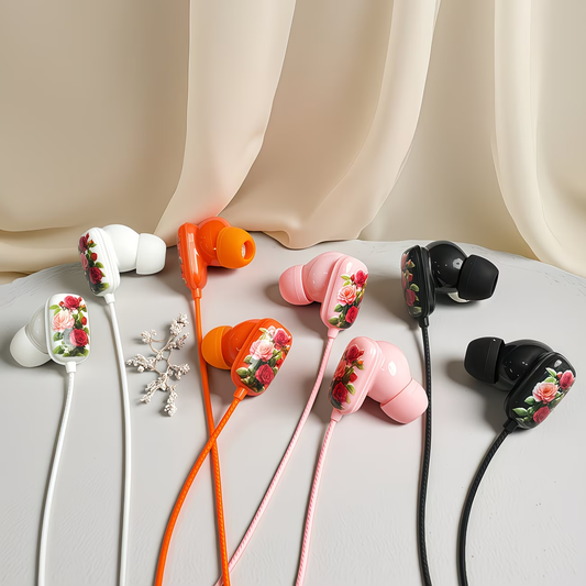 Novelty designed wired headphones, premium printed rose pattern, high-definition microphone, music adjustment, and volume control