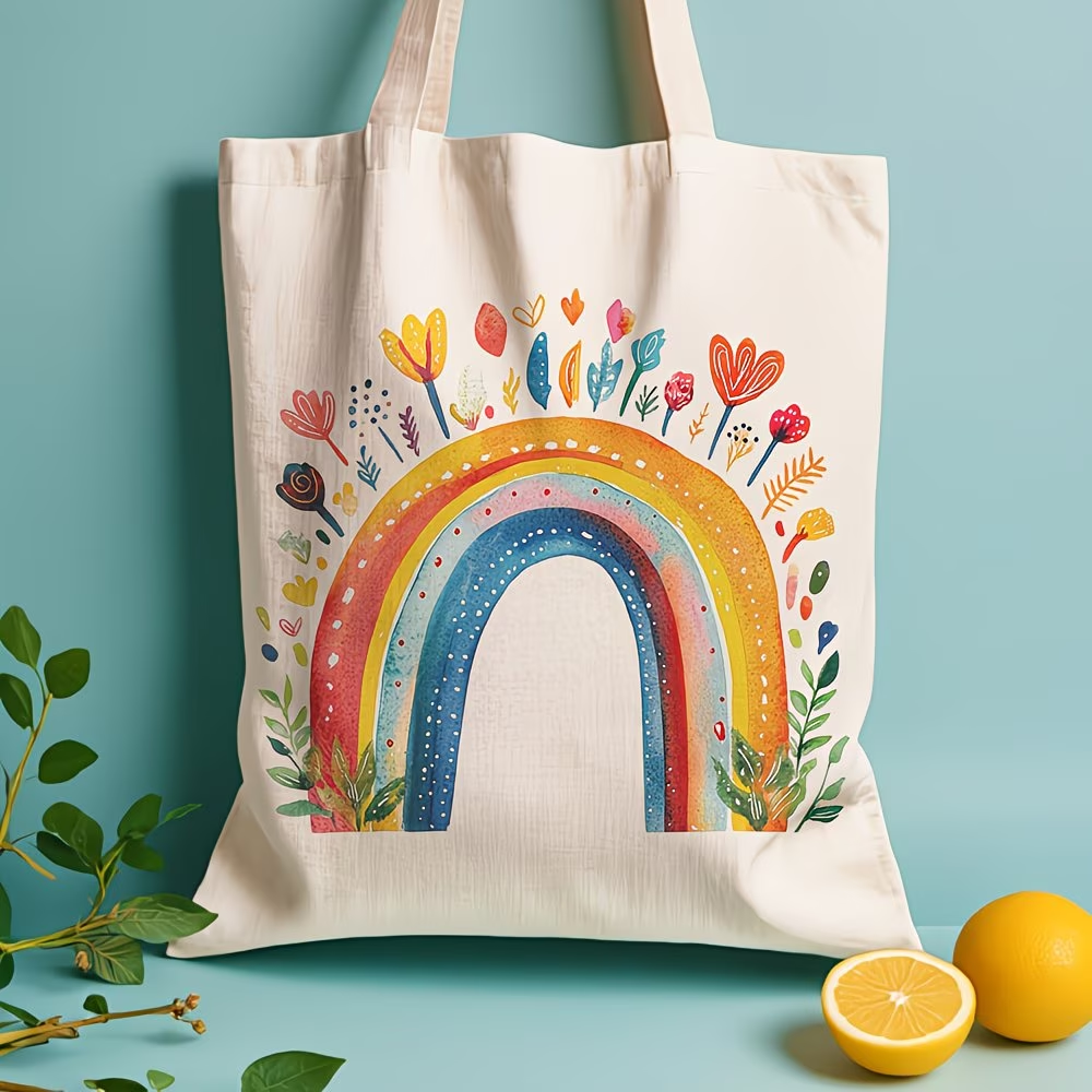 1 Rainbow Flower Canvas Handbag - Women's Reusable Grocery and Shoulder Bag