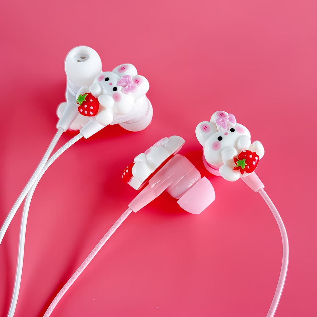 Wired earphones with DIY cute rabbit accessories, pink student earphones with microphone, clear sound quality