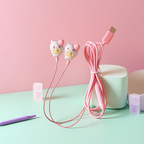 Type-C cartoon wired earphones with cute accessories, semi in ear pink earphones with built-in microphone and volume control