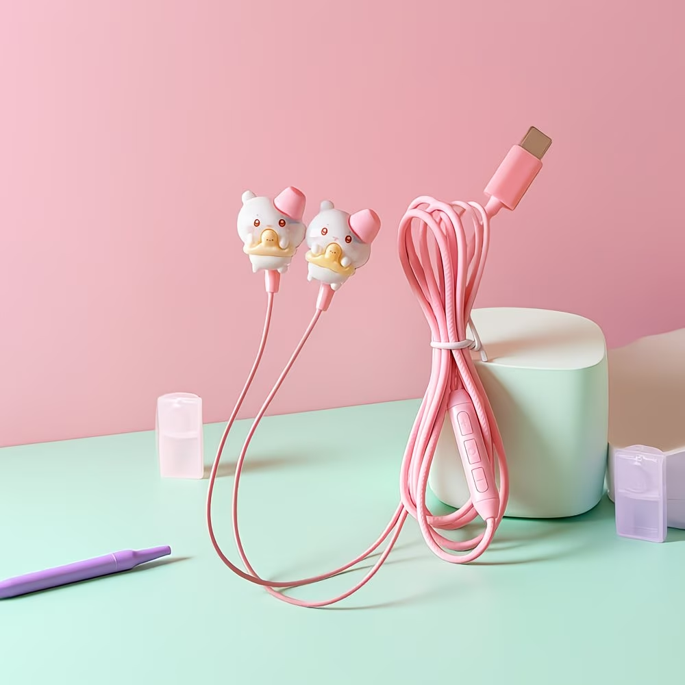 Type-C cartoon wired earphones with cute accessories, semi in ear pink earphones with built-in microphone and volume control
