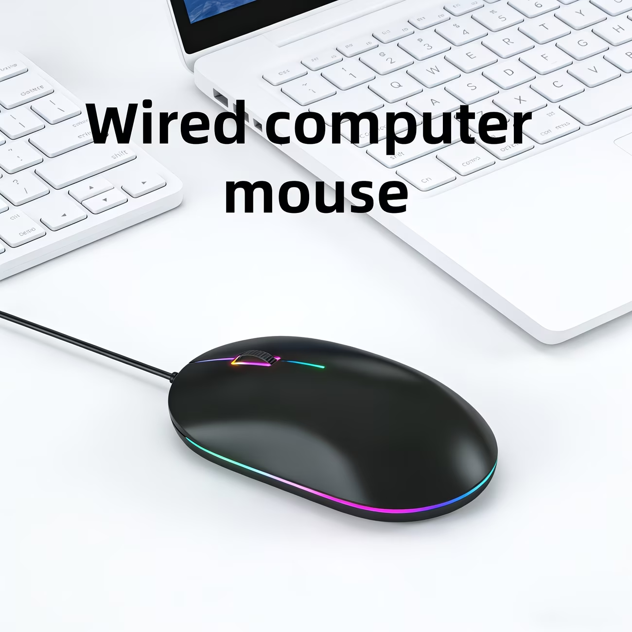 Portable seven color minimalist optical mouse with LED glare light, plug and play, anti slip scroll wheel, computer and laptop accessories