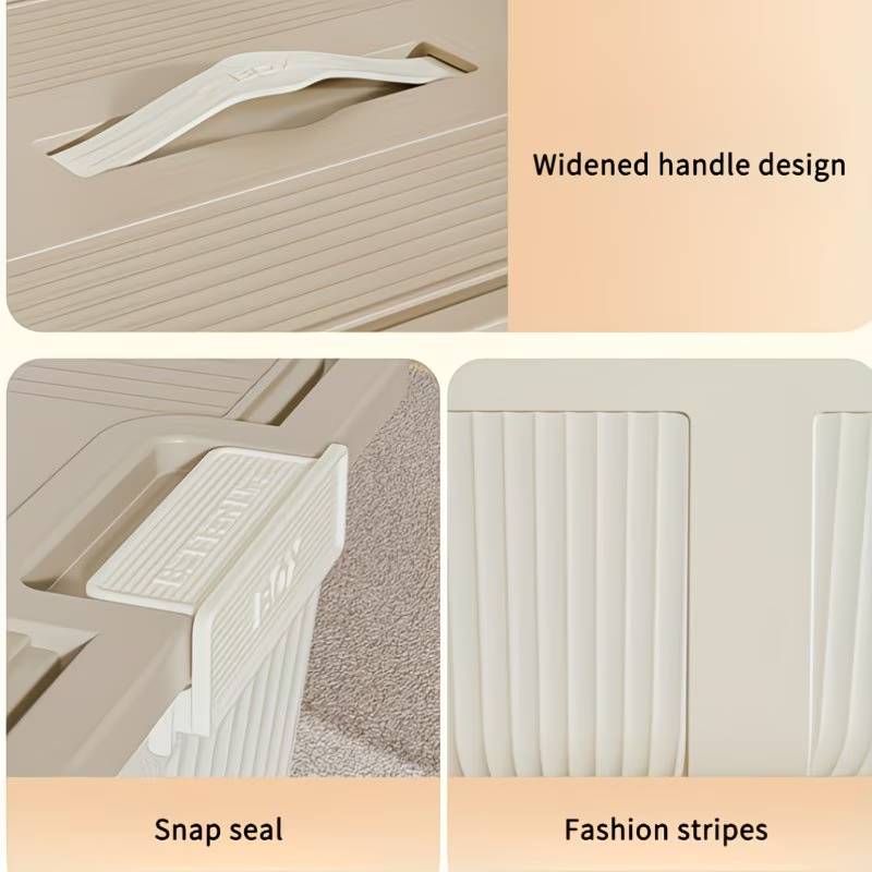 Three plastic storage boxes with lids, snaps, and handles, suitable for home organization.