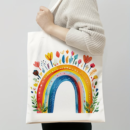 1 Rainbow Flower Canvas Handbag - Women's Reusable Grocery and Shoulder Bag