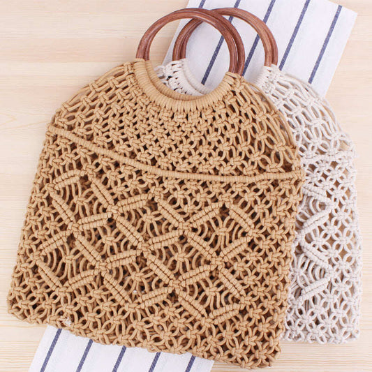 Handmade cotton rope net pocket beach bag