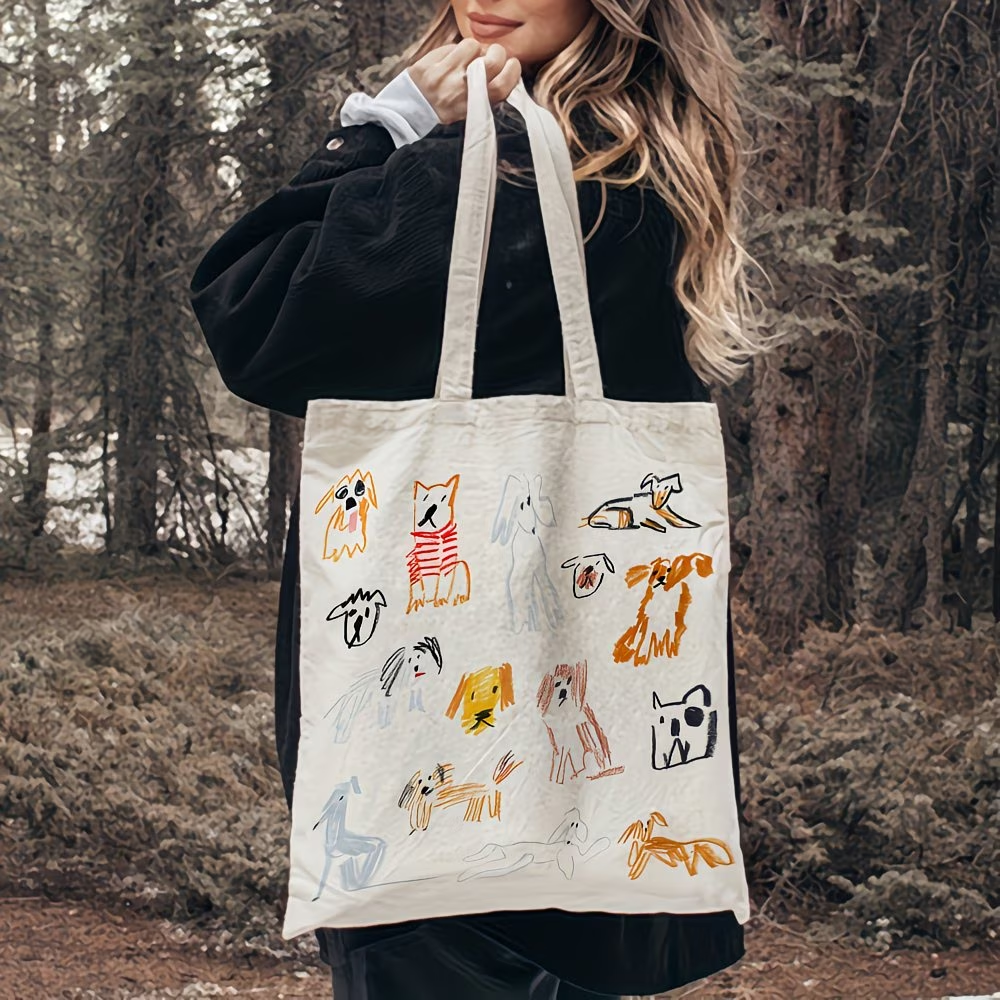 1 whimsical dog illustration canvas handbag