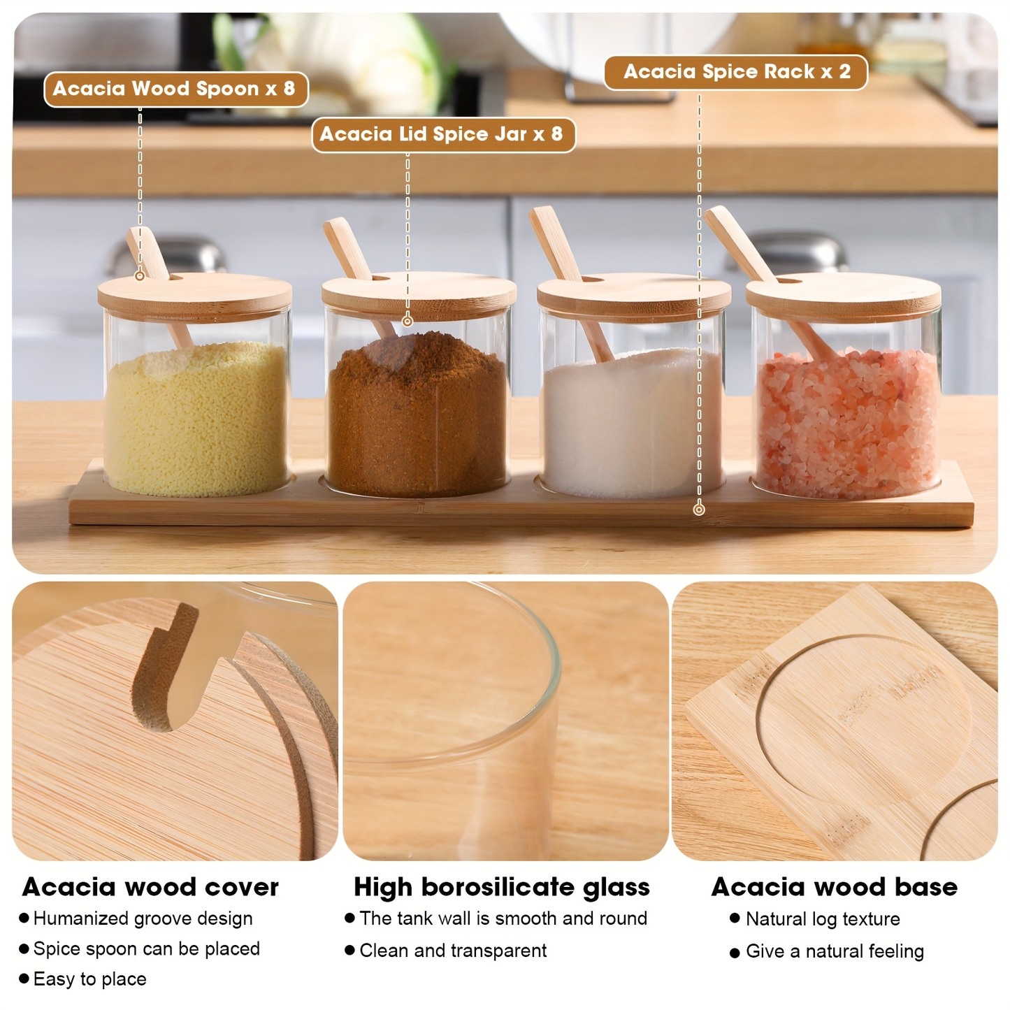 Eight 10-ounce clear glass spice jars with wooden lids and spoons.