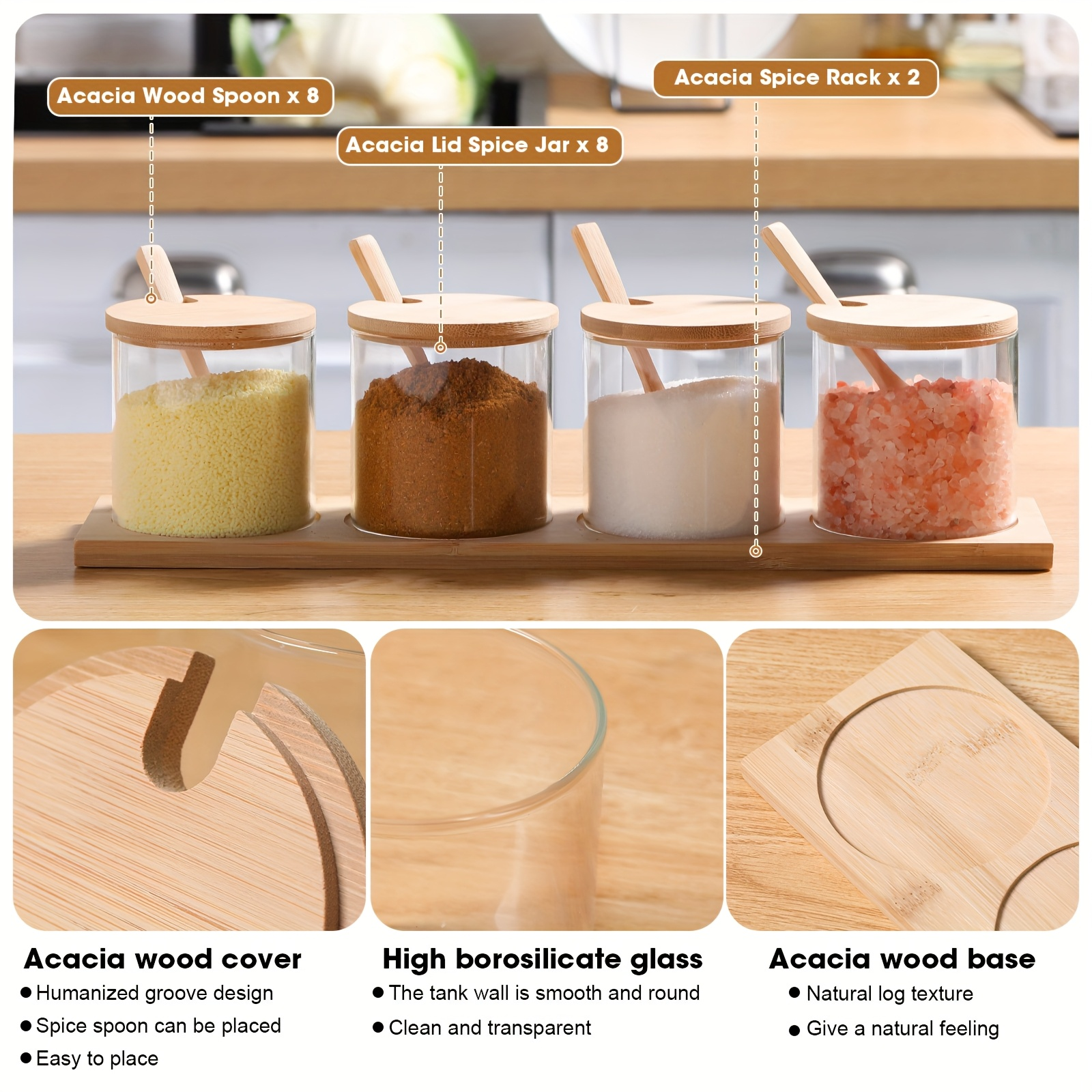 Eight 10-ounce clear glass spice jars with wooden lids and spoons.