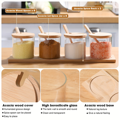 Eight 10-ounce clear glass spice jars with wooden lids and spoons.