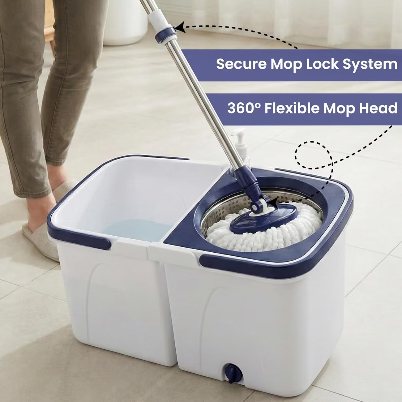 Spin mop set with a double-bucket design, one for clean water and one for dirty water.