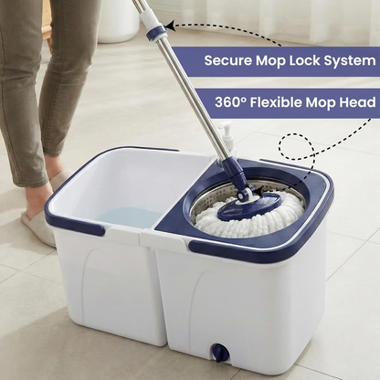 Spin mop set with a double-bucket design, one for clean water and one for dirty water.