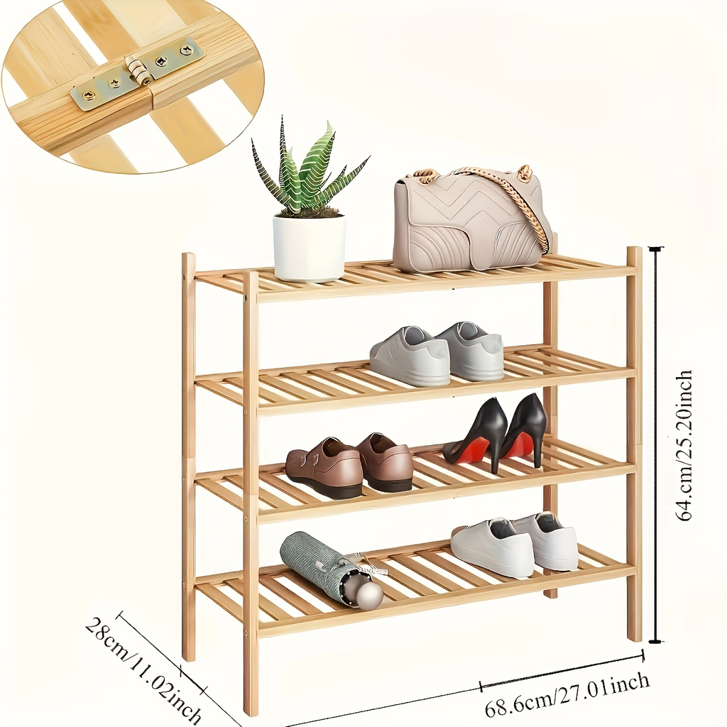 Four-tier bamboo shoe rack, suitable for both indoor and outdoor use.