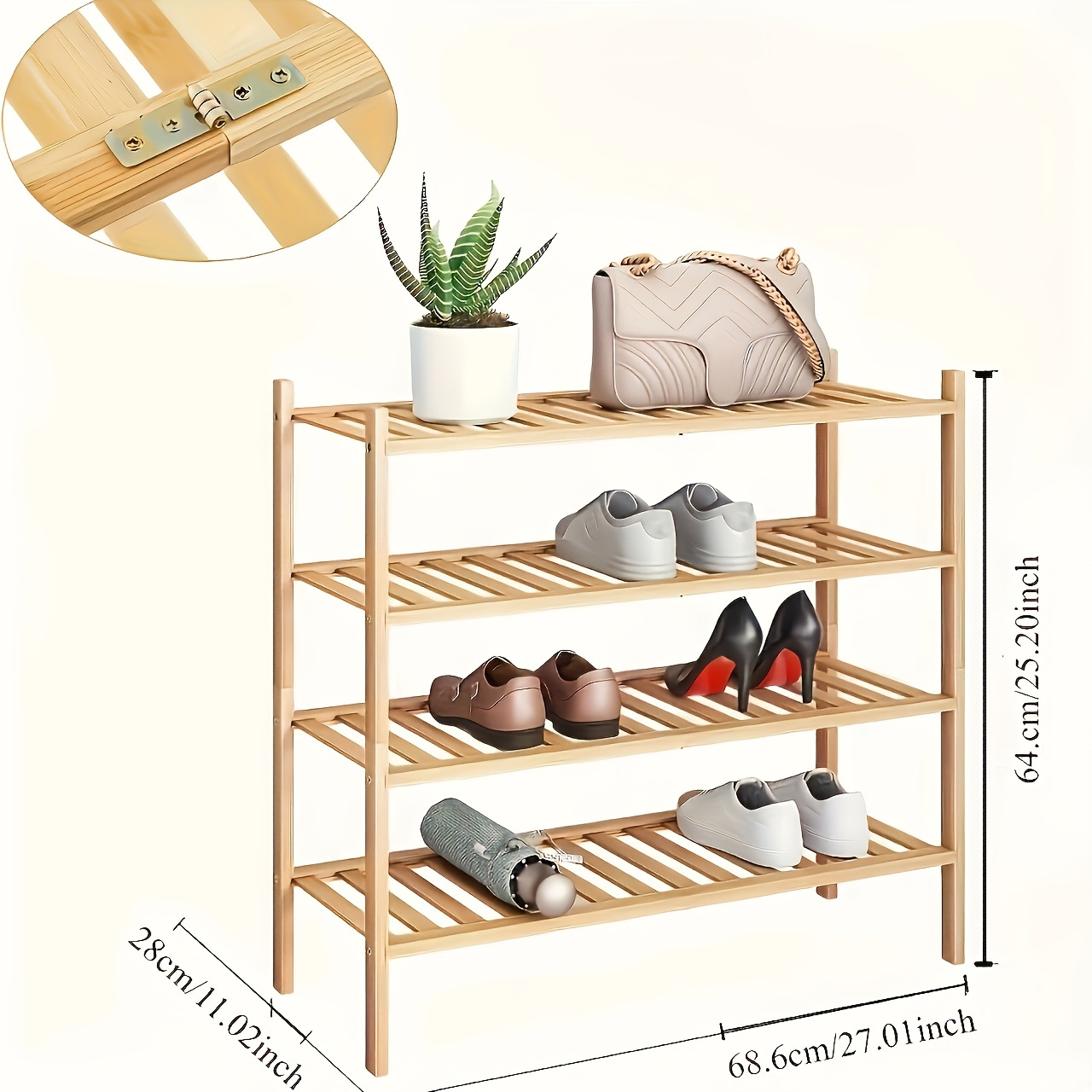 Four-tier bamboo shoe rack, suitable for both indoor and outdoor use.