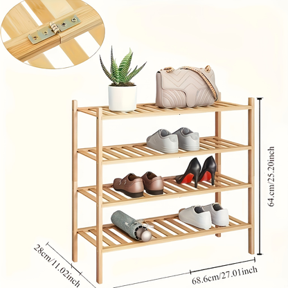 Four-tier bamboo shoe rack, suitable for both indoor and outdoor use.