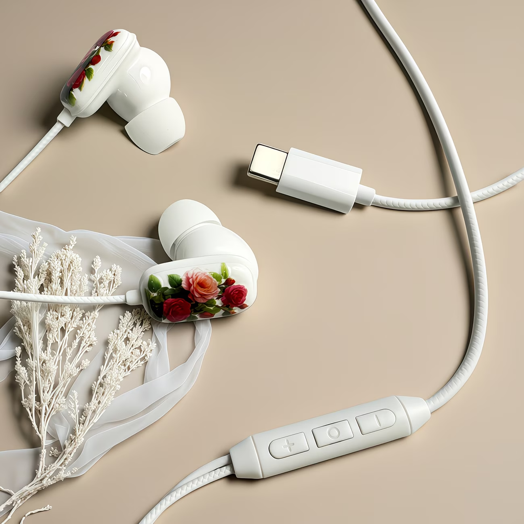 Novelty designed wired headphones, premium printed rose pattern, high-definition microphone, music adjustment, and volume control