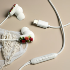 Novelty designed wired headphones, premium printed rose pattern, high-definition microphone, music adjustment, and volume control