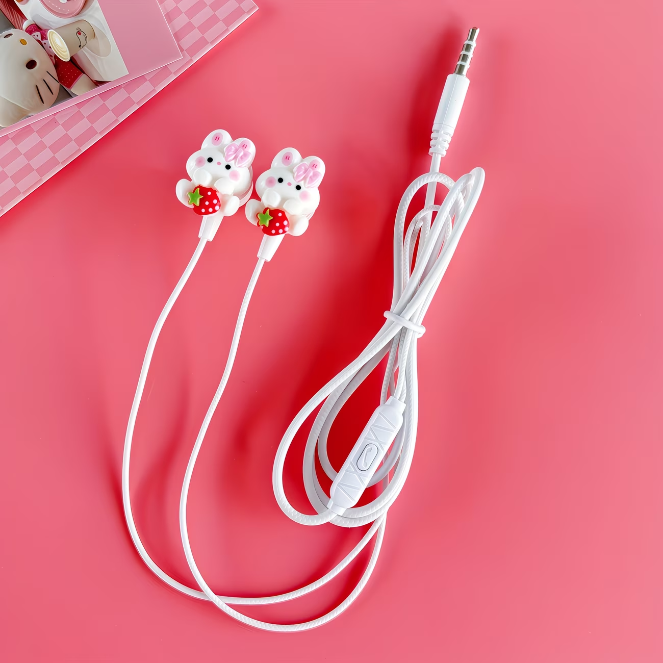 Wired earphones with DIY cute rabbit accessories, pink student earphones with microphone, clear sound quality
