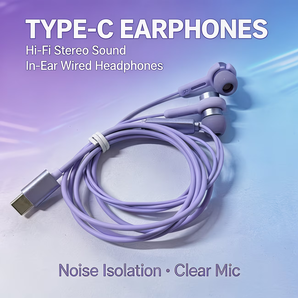 Type-C in ear purple noise cancelling wired earphones with high-definition sound quality/call noise cancelling function, portable