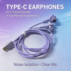 Type-C in ear purple noise cancelling wired earphones with high-definition sound quality/call noise cancelling function, portable