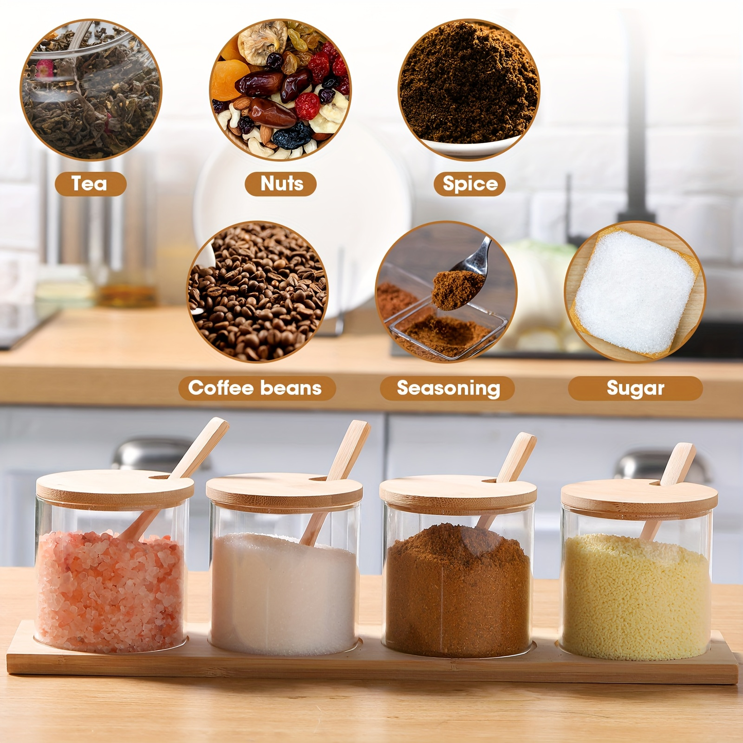 Eight 10-ounce clear glass spice jars with wooden lids and spoons.