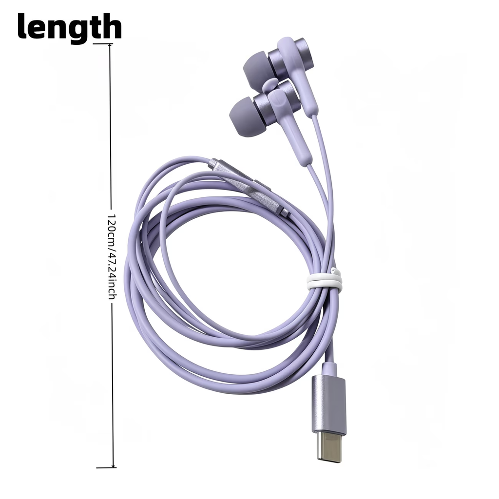 Type-C in ear purple noise cancelling wired earphones with high-definition sound quality/call noise cancelling function, portable