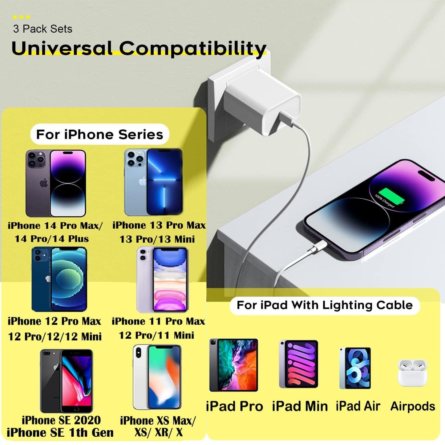 Quick charger for iPhone, iPhone charging cable, 3-pack iPhone charger for fast charging