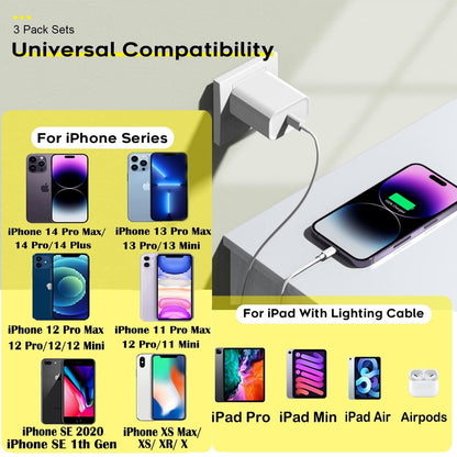 Quick charger for iPhone, iPhone charging cable, 3-pack iPhone charger for fast charging