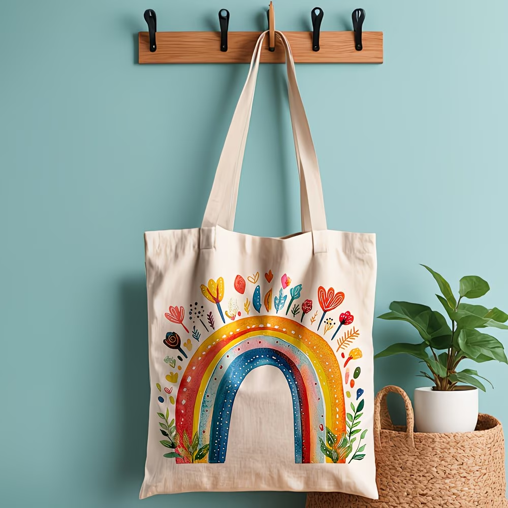 1 Rainbow Flower Canvas Handbag - Women's Reusable Grocery and Shoulder Bag