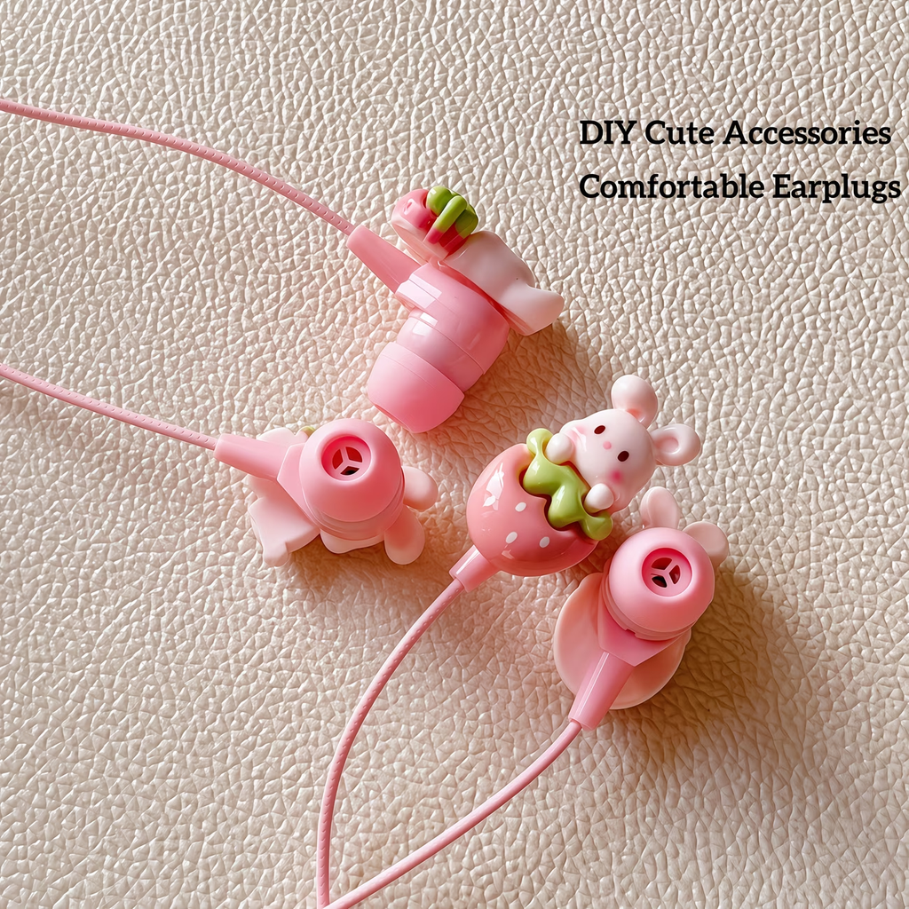 Type-C cartoon wired earphones with cute accessories, semi in ear pink earphones with built-in microphone and volume control