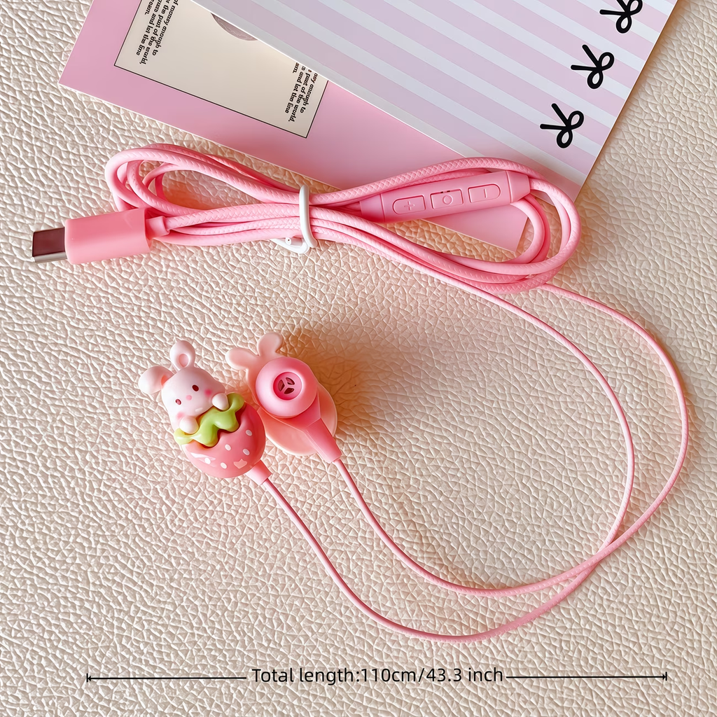 Type-C cartoon wired earphones with cute accessories, semi in ear pink earphones with built-in microphone and volume control