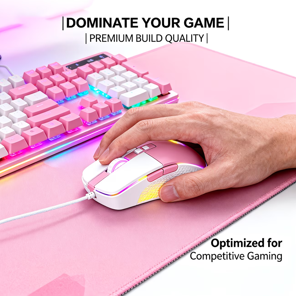 RGB gaming wired mouse with 7-key programmable quick adjustment, ergonomic design, pink light, USB power supply